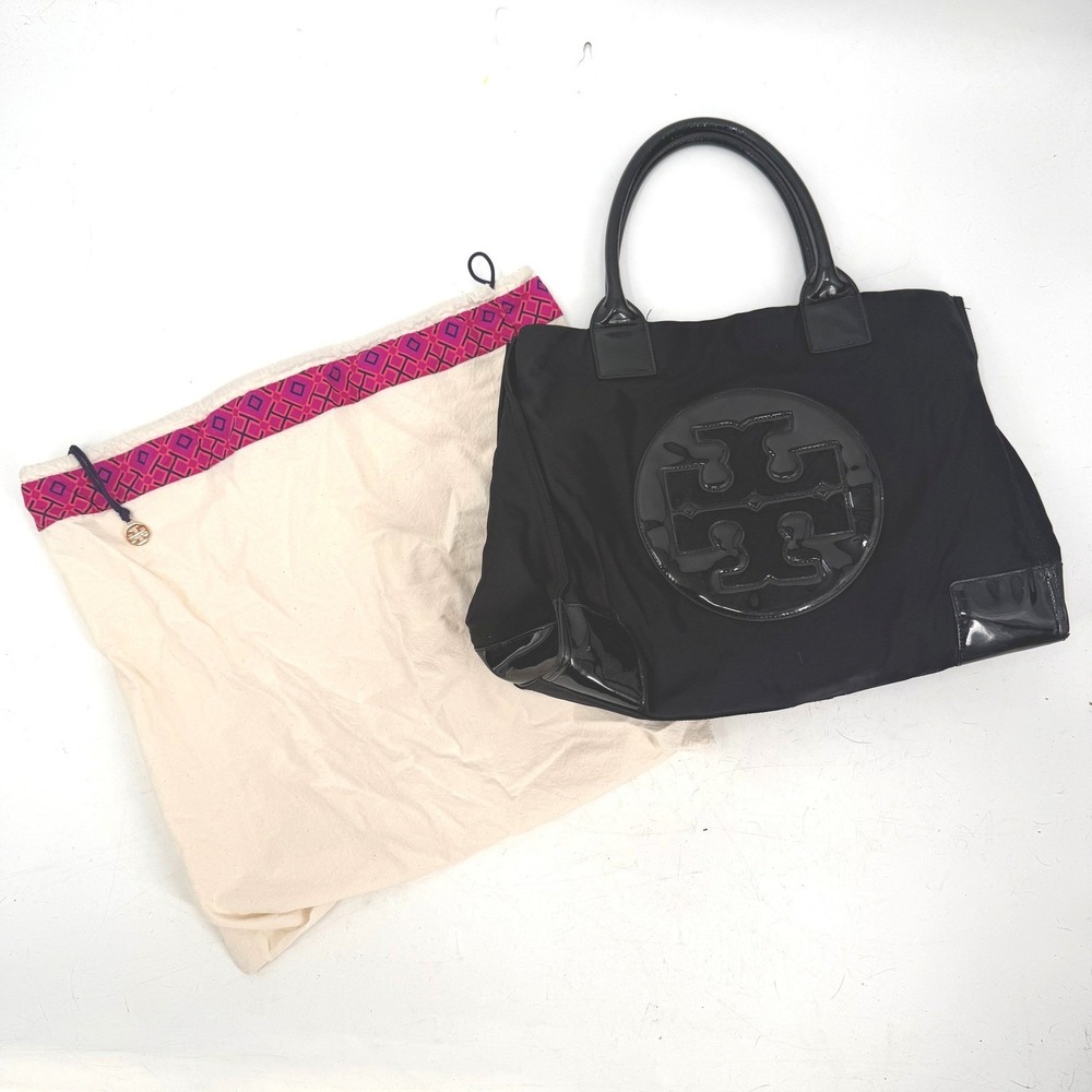 Tory Burch Ella Black Leather Nylon Large Tote Bag Purse Shopper w/cloth bag